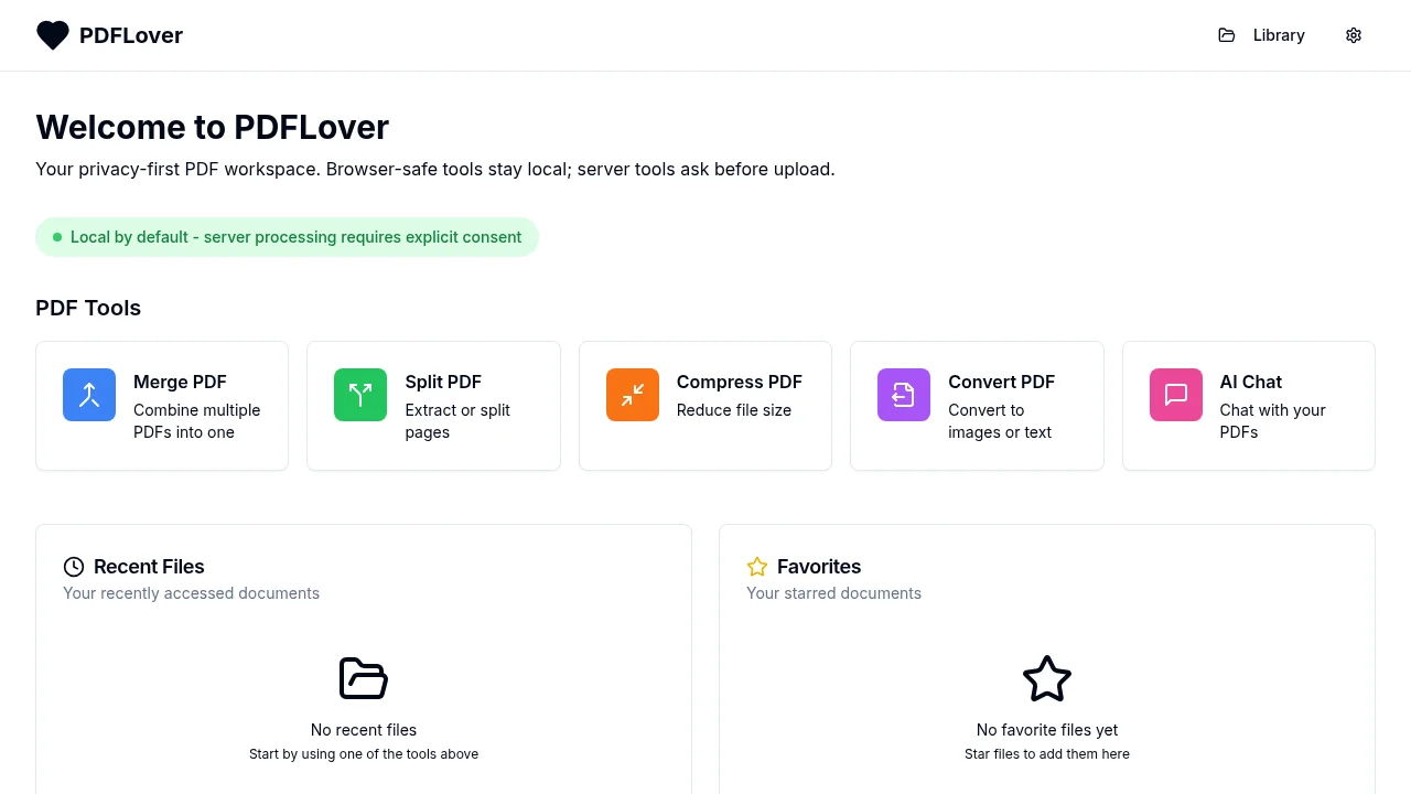 PDFLover privacy-first document tools dashboard
