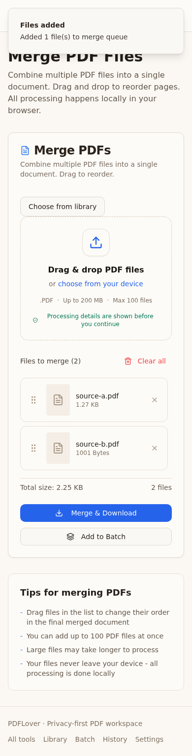 PDFLover merge queue at a 390 pixel viewport