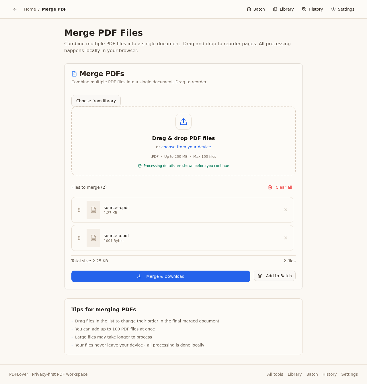 PDFLover merge queue with two synthetic PDF files ready to merge