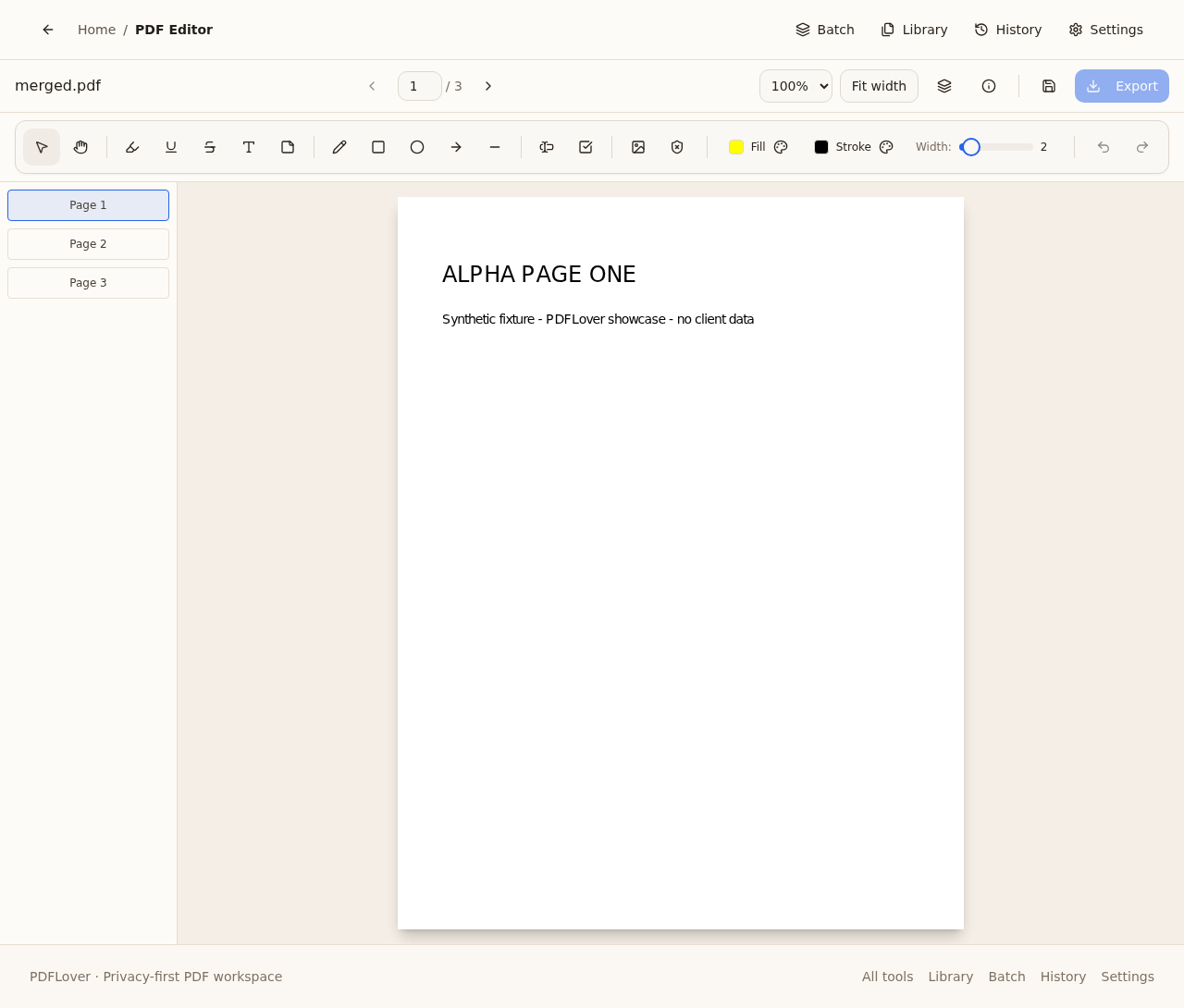 Generated merged PDF reopened in the PDFLover viewer