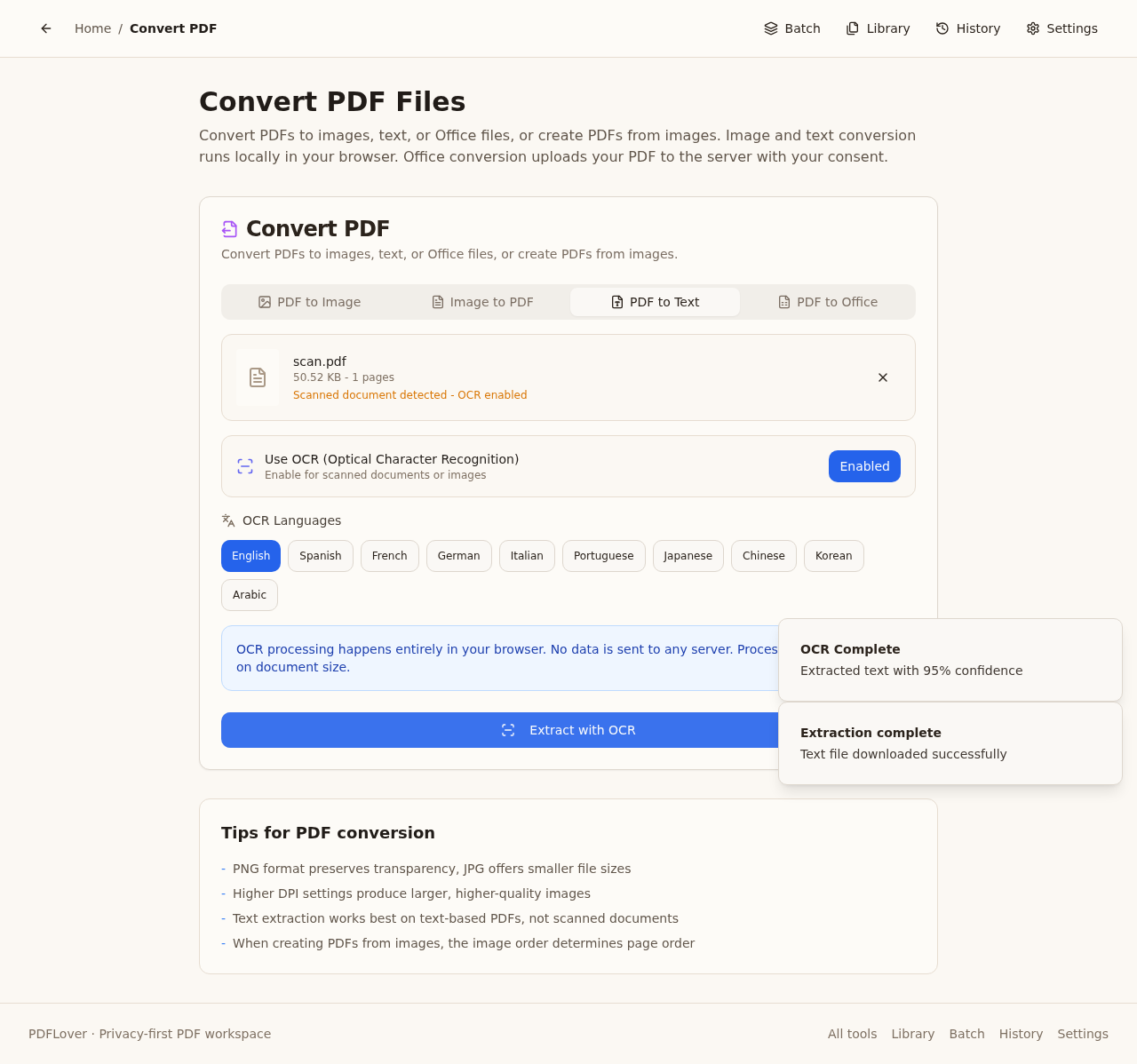 Completed PDFLover browser OCR text extraction from the synthetic English scan