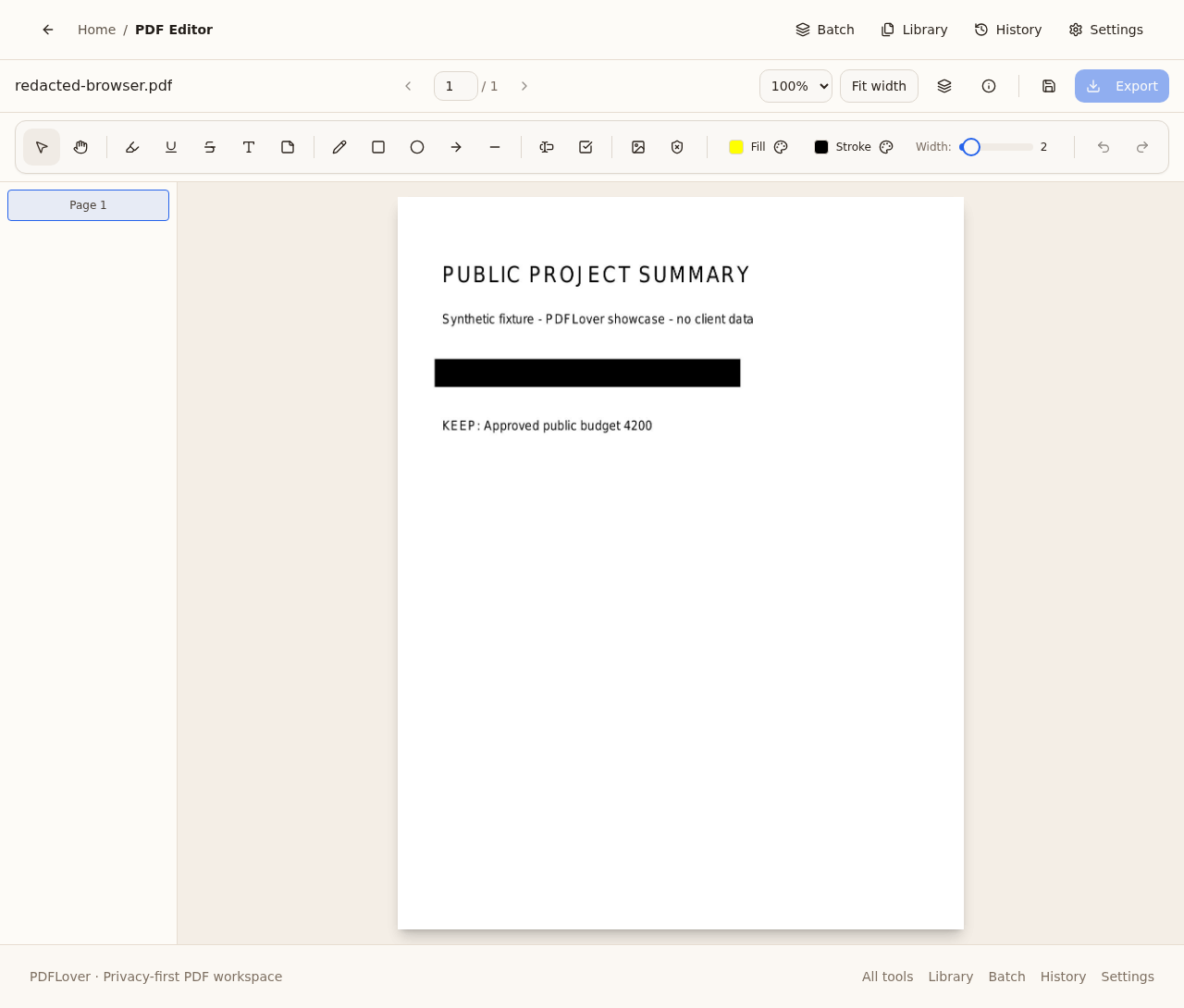 Generated redacted PDF reopened in the PDFLover viewer