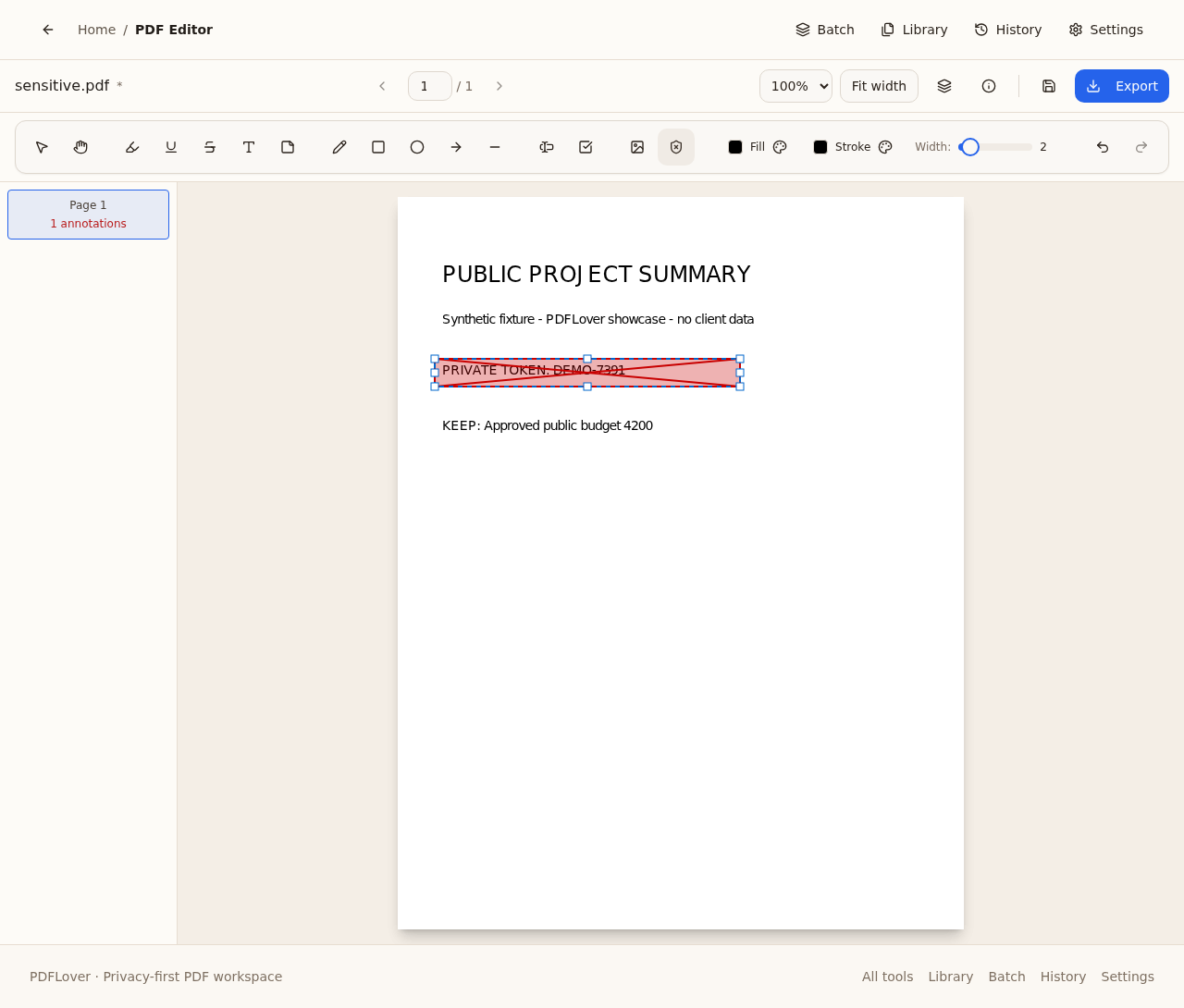 Synthetic redaction target selected in PDFLover before export