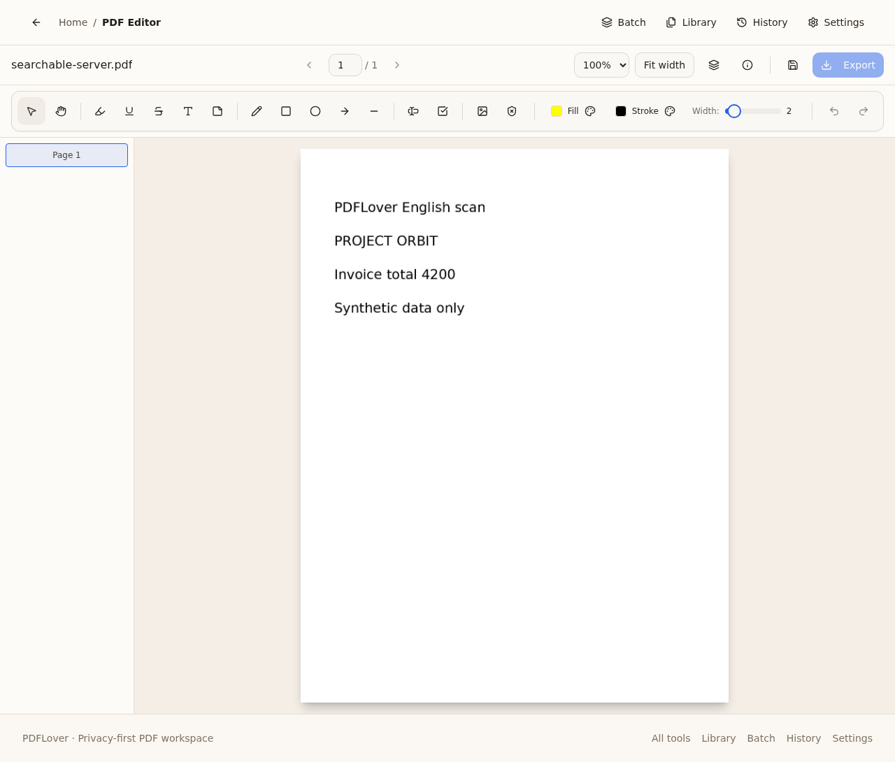 Server-generated searchable PDF reopened in the PDFLover viewer